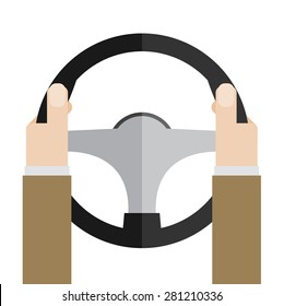 Hands holding steering wheel, vector illustration in flat style.