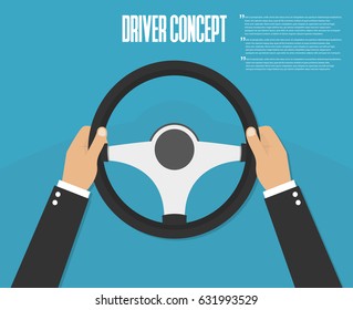 Hands holding steering wheel. Vector illustration. Driver