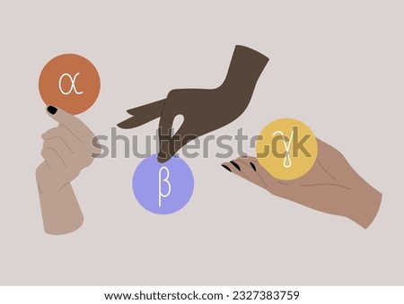 Hands holding stickers with alfa, beta and gamma signs on them, educational process