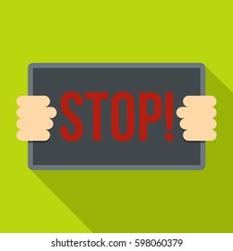 Hands holding stop placard icon. Flat illustration of hands holding stop placard vector icon for web isolated on lime background
