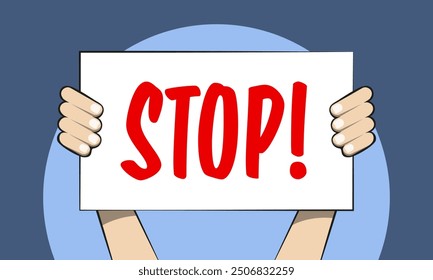 Hands holding stop sign in front of blue background.