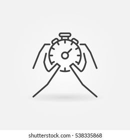 Hands holding stopwatch icon. Vector thin line stopwatch and time management concept symbol or logo element