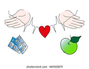 Hands holding stroke line and protecting red heart giving choice between drugs and green apple. Healthy food and life style, high blood pressure, heart disease prevention concept. Vector illustration
