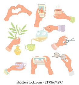 Hands Holding Stuff Set. Human Hands With Scissors, Glasses, Drinks, Smartphone Vector Illustration