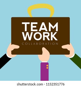 Hands holding a suitcase. Teamwork