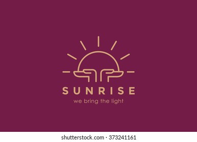 Hands Holding Sun Rising Logo Design Vector Template Linear Style.
Sunrise Sunset Religion Church Pray Logotype Concept. Foundation Concept Icon.