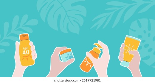 Hands holding sunscreen bottles with SPF 40 and spray, set against a tropical leaf background. Ideal for skincare, summer, template for beach themed designs