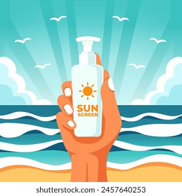 Hände mit Sonnenschutzspray mit Spf-UV-Schutz am Sommerstrand flacher Hintergrund