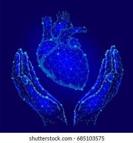 Hands Holding Support Human Heart. Medicine Cardiology Health Help Man Concept. Low Poly Connected Dots Triangle Future Technology Design Background Vector Illustration