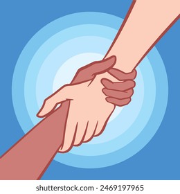 Hands holding, supporting, and helping each other illustration isolated on square blue background. Simple flat humanity themed drawing.