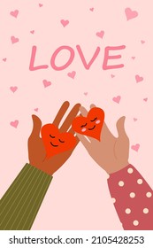 Hands holding a sweet heart. A cute illustration in the style of a cartoon for Valentine's day, an invitation or a banner for your design.