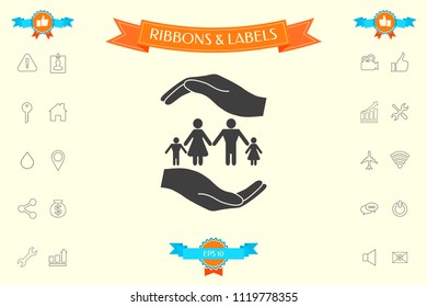 Hands holding a symbol of family. Family protect icon