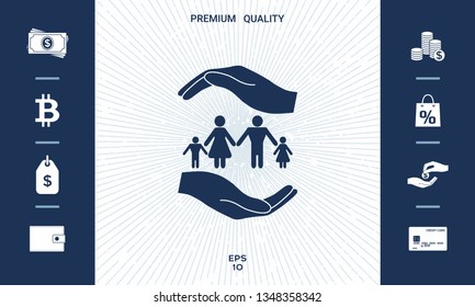 Hands holding a symbol of family. Family protect icon. Graphic elements for your design