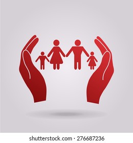 Hands holding a symbol of family. Family protect icon.