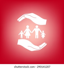 Hands holding a symbol of family. Family protect icon.