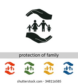 Hands holding a symbol of family. Family protect. Set of varicolored icons.