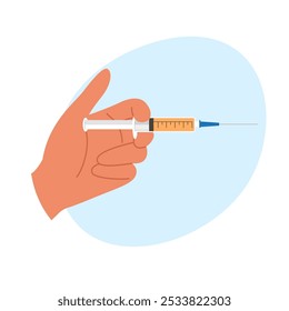 Manos sosteniendo una jeringa con líquido para inyección de belleza. Concepto de asistencia sanitaria