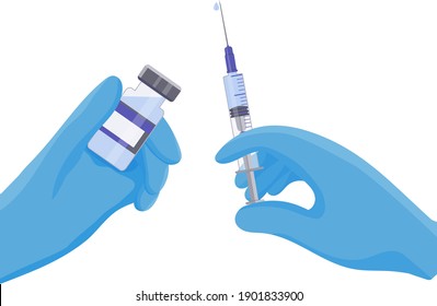 Hands holding a syringe and a medicine vial. Physician's hands in blue protective medical gloves. Flu vaccination, anesthesia, cosmetic injections in cosmetology. Treatment and protection against viral diseases.