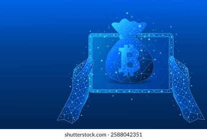 Hands holding tablet as abstract concept of saving or financial gain with bitcoin. Money bag with rupee coins in low poly style