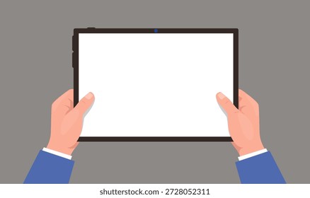 Hände, die eine Tablette halten. Arme, die das digitale ebook-Board zeigen. Anzeige für mobile Geräte. Laptop-Bildschirm. Blank Gadget Touchscreen. Tragbarer Computer. Elektronisches Touchpad. Vektorvorlage für Werbung oder Text