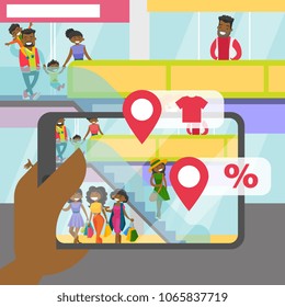 Hands holding tablet with augmented reality application that shows information guide about goods and discounts in shopping mall. Vector cartoon illustration isolated on white background. Square layout
