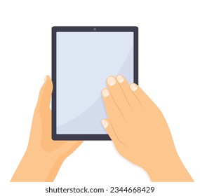 hands holding tablet with blank screen- vector illustration