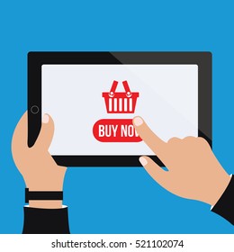 hands holding a tablet with "buy now" icon illustration isolated in a blue background