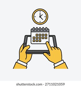 Hände, die Tablet mit Kalender und Uhr halten, Termine online planen. Person, die Zeit und Ereignisse digital verwaltet. Flacher Umriss für Produktivität und Planung.