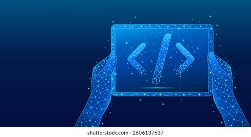 Hands holding a tablet, close-up. 3D digital programming code symbol on a light blue screen over a technological background. Software and web development concept. JavaScript sign in low-poly style - Powered by Shutterstock - Get 15% off with code: PIKWIZARD15