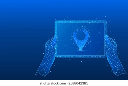 Hands holding a tablet close-up abstract with a digital location icon. GPS on a smartphone with futuristic technology background