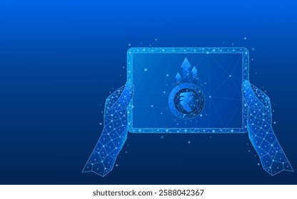 Hands holding a tablet close-up concept of income increase, business and finance in rupees. 3D money in light blue futuristic style on phone screen and growth chart