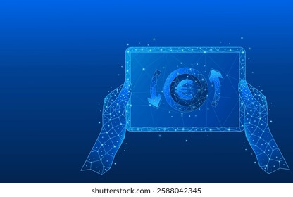 Hands holding tablet close-up with digital currency with circular euro refund arrows. 3D money in light blue futuristic style on phone screen and growth chart