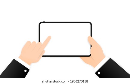 Manos sujetando el ordenador con pantalla en blanco. Concepto de diseño plano sobre fondo aislado. Vector Eps 10. Concepto de negocio