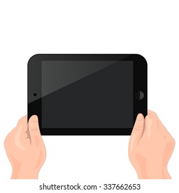 Hands holding tablet computer with blank screen. Using digital tablet PC