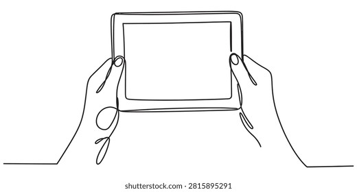 Hands holding a tablet computer in a continuous single line drawing