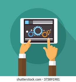 Hands Holding Tablet Computer Developer Mobile Application Technology Flat Design Vector Illustration
