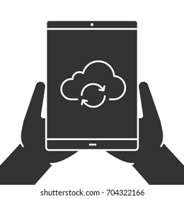 Hands holding tablet computer glyph icon. Cloud computing. Silhouette symbol. Tablet computer with cloud and refresh sign. Negative space. Vector isolated illustration