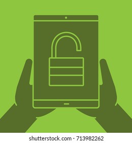 Hands holding tablet computer glyph color icon. Cyber security. Silhouette symbol. Tablet computer with open padlock. Negative space. Vector isolated illustration