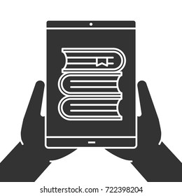 Hands holding tablet computer glyph icon. Online library. Silhouette symbol. Tablet computer with books. Negative space. Vector isolated illustration