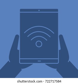 Hands holding tablet computer glyph color icon. Silhouette symbol. Tablet computer with wifi sign. Negative space. Vector isolated illustration