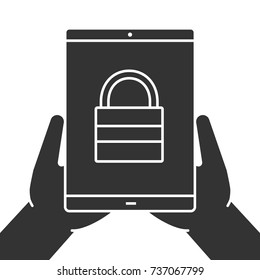 Hands holding tablet computer glyph icon. Password. Silhouette symbol. Tablet computer with closed padlock. Negative space. Vector isolated illustration