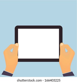 Hands holding a tablet computer  horisontal flat design in vector