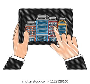 hands holding tablet computer hotels application