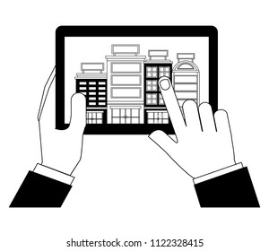 hands holding tablet computer hotels application