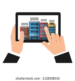 hands holding tablet computer hotels application