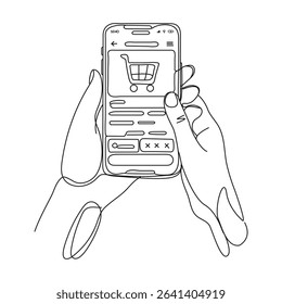Hands holding tablet computer linear icon. Online store. Thin line illustration. Tablet computer with shopping cart. Vector Line Illustration Concept for Mobile App Development. 