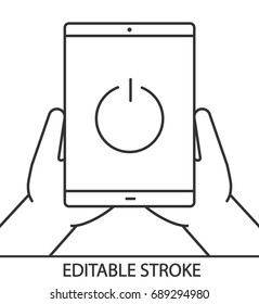 Hands holding tablet computer linear icon. Device turning off. Thin line illustration. Tablet pc with power button. Contour symbol. Vector isolated outline drawing