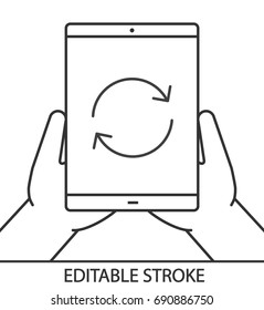 Hands holding tablet computer linear icon. Device synchronization. Thin line illustration. Tablet computer with cycling arrows. Contour symbol. Vector isolated outline drawing. Editable stroke