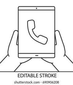 Hands holding tablet computer linear icon. Incoming call. Thin line illustration. Tablet pc with handset. Contour symbol. Vector isolated outline drawing. Editable stoke