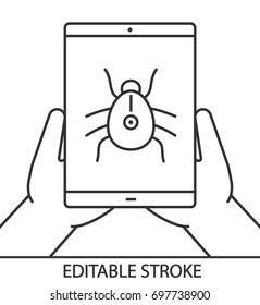 Hands holding tablet computer linear icon. Computer virus. Thin line illustration. Tablet computer with spider. Contour symbol. Vector isolated outline drawing. Editable stroke